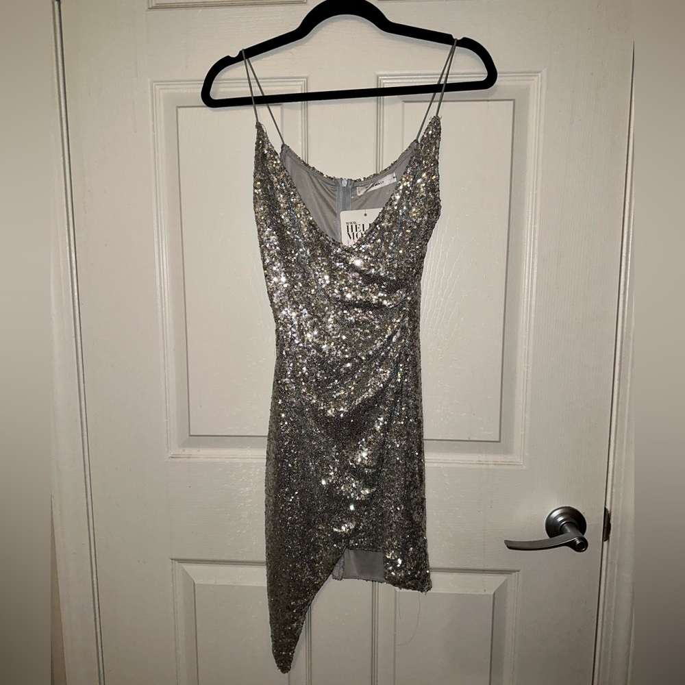 Hello Molly Silver Sequin Asymmetrical Dress (NWT, size S)